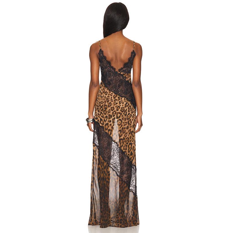 Women's Leopard Print Lace Patchwork Deep V Spaghetti Strap Mermaid Dress