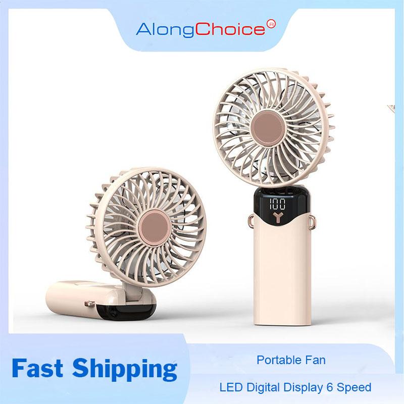 Mini draagbare USB-ventilator, draagbare stille kleine ventilator met slimme LED-digitaal display, opvouwbare oplaadbare ventilator met 6 snelheden