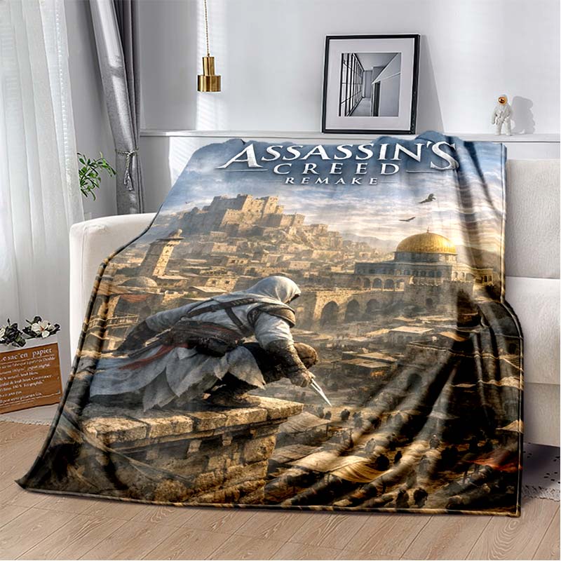 Assassin's Creed Hooded Figure Flannel Blanket Red Smoke Logo Print Soft Warm Throw For Sofa Bed Gamer Home Decor