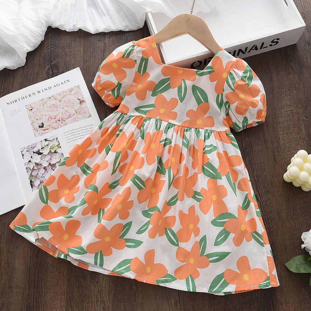 Girls Summer Cotton Princess Dress Fresh Floral Hollow Out Puff Sleeve Short Sleeve Party Dress For Kids