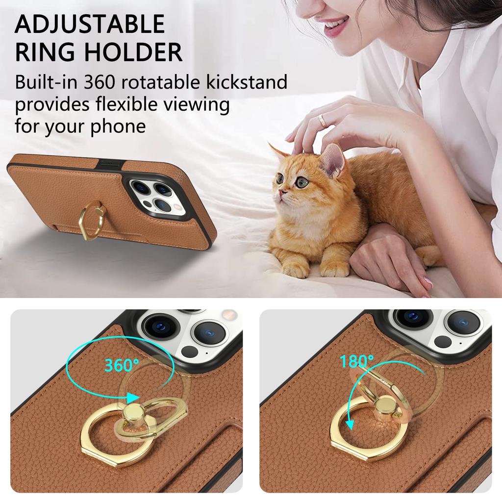 Ring Holder Card Solt Leather Wallet Phone Case for IPhone 15 14 13 12 11 Pro Max XS XR X 7 8 Plus SE 2026 Litchi Stand Cover