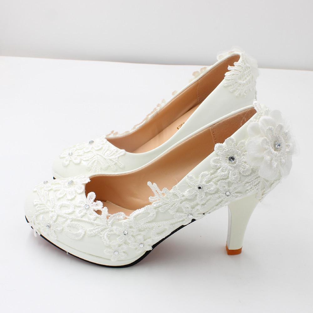 Scarpe da Sposa con Tacco Alto e Punta Tonda in Pizzo Bianco per Donna, Taglia Grande, BH2111