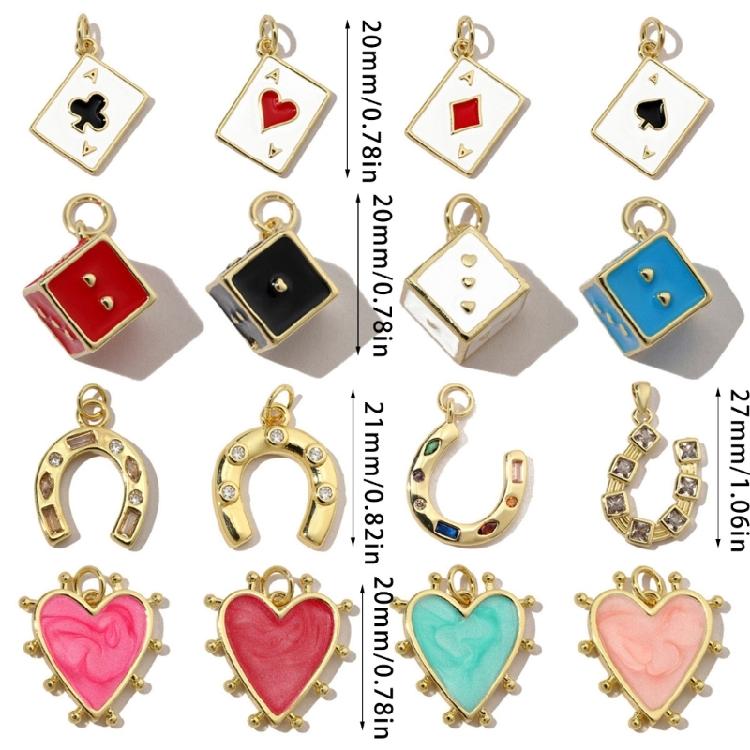 Pack of 3 Heart/Horseshoe/Dices Poker Card Pendants Accessories for Necklace and Earrings Copper Jewelry Components