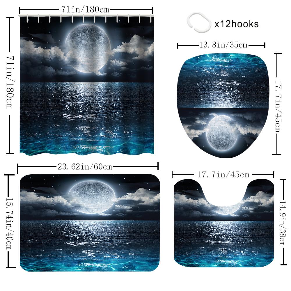 1/4 set sea surface shower Curtains, Toilet Seat Decoration, Shower Curtain with Carpet and Toilet Lid, 12 70.8x70.8 inch Hooks