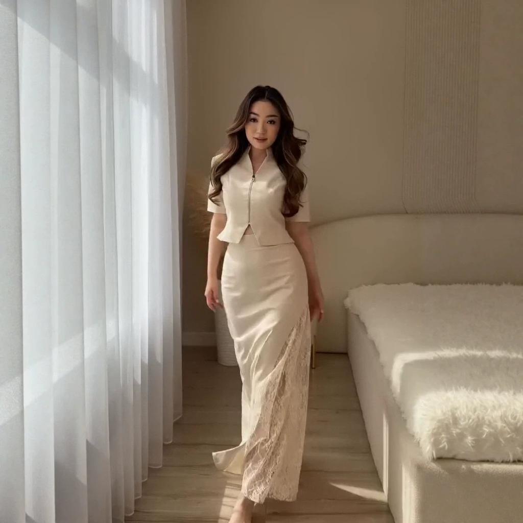 European and women's clothing new stand-up collar short-sleeved slim-fit top high-waisted splicing mesh dress set