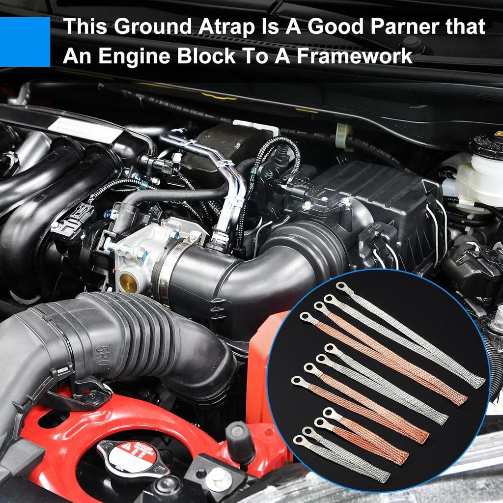 12 Pcs Universal Automotive Ground Straps, 10/15/20 Inch Engine Ground Strap Kit With Ring Terminals, Braided Copper Tinned Copper Engine Grounding