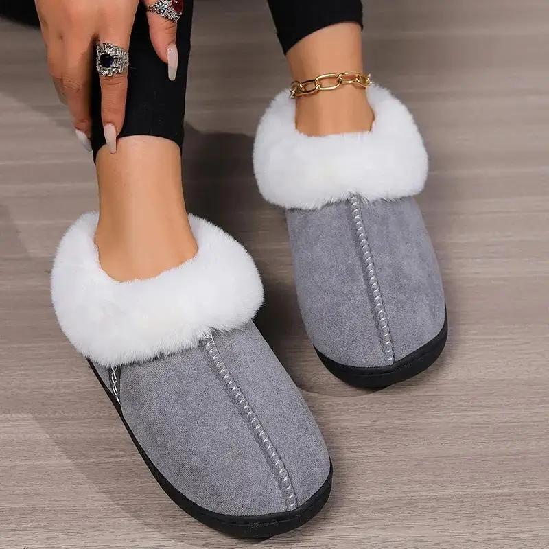 Faux Fur Keep Warm Slippers Women Winter Soft Thick Plush House Slippers Woman Comfort Soft Sole Non-Slip Cotton Padded Shoes