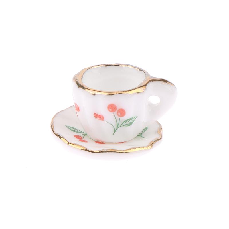 1Set/2Pcs 1:12 Dollhouse Miniature Cherry Ceramic Cup Saucer Kitchen Tableware Model Decor Toy Doll House Accessories