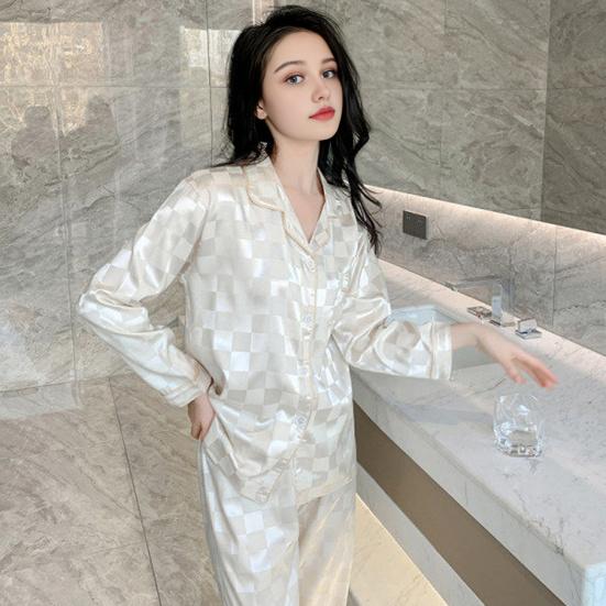 Womens Satin Pajamas Set Button Down Long Sleeve Top And Long Pants Sleepwear Set Oversized Casual Plaid 2 Piece Lounge Set
