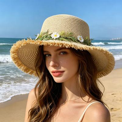 Sun Hat Wide Brim Floppy Edges Breathable Woven Straw Hat with Chrysanthemum Garland Lightweight Summer Beach Travel Hat