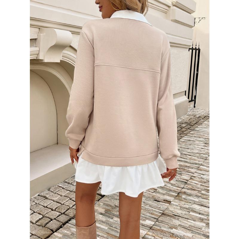 Herbst und Winter Damen Casual Loose Pocket Splicing Polo Neck Sweatshirt Kleid