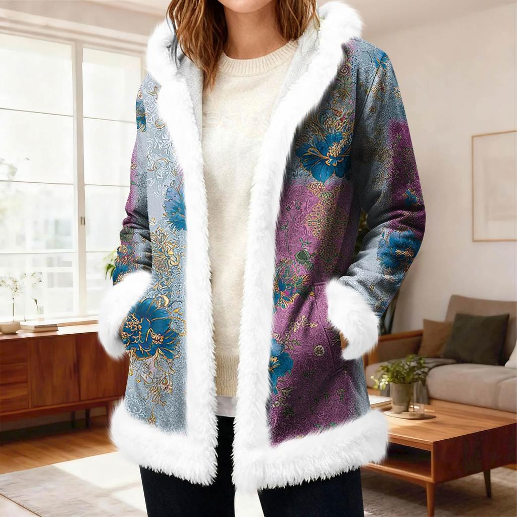 Lässiger Damen-Fleece-Kapuzen-Cardigan mit Taschen Warme Oberbekleidung