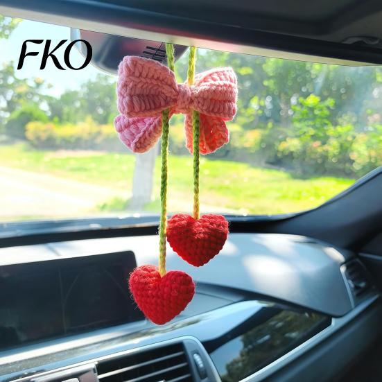 Taxi Car Charm Crochet Heart Hanging Decor, Knitted Bowknot Love for Rearview Rear View Mirror Accessory Mirror, Cute Bag Purse, Valentine's Day Gift