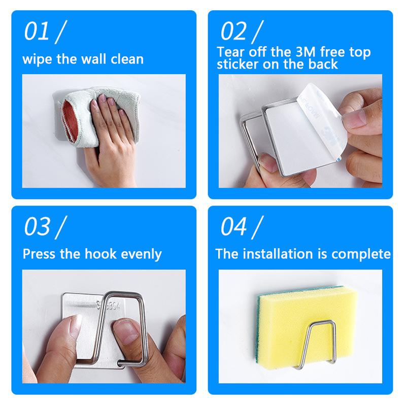 1/2/4pcs Stainless Steel Sink Sponges Holder Self Adhesive Drain Drying Rack Home Kitchen Wall Hooks Accessories Storage Organizer