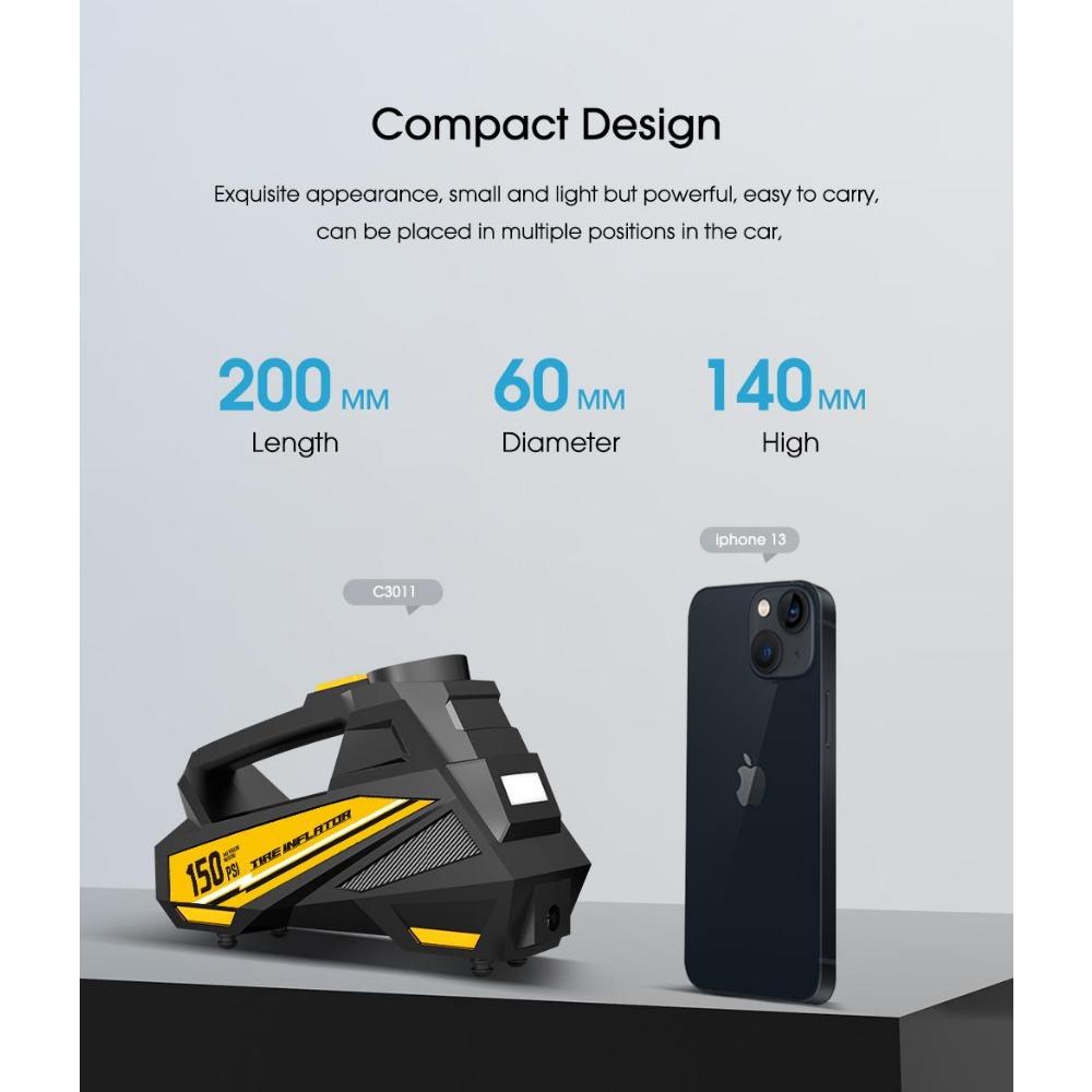 Przenośna pompka do opon 150 PSI ze światłem LED - Cyfrowa pompa kompresora powietrza do samochodu, motocykla, roweru - Półautomatyczna, trwały materiał ABS