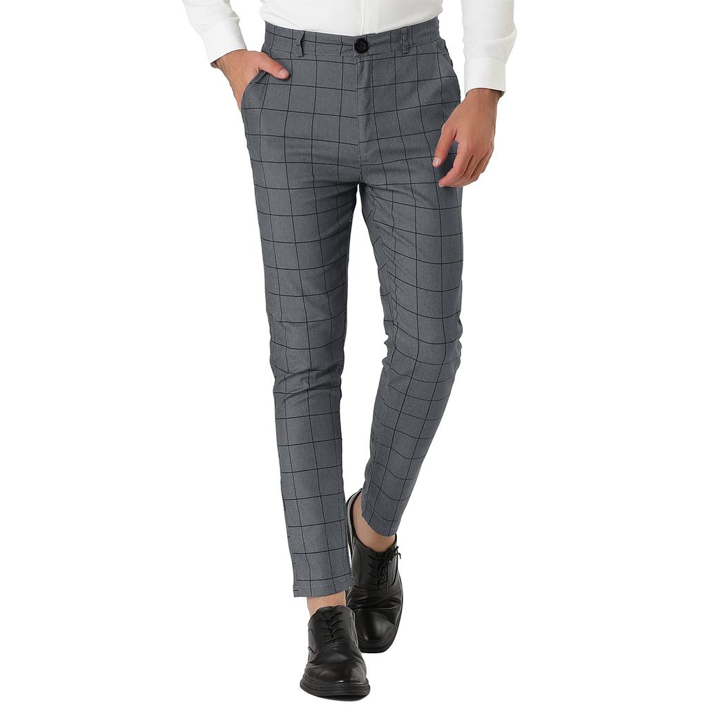 Men's Dress Plaid Slim Fit Flat Front Business Pants With Pockets