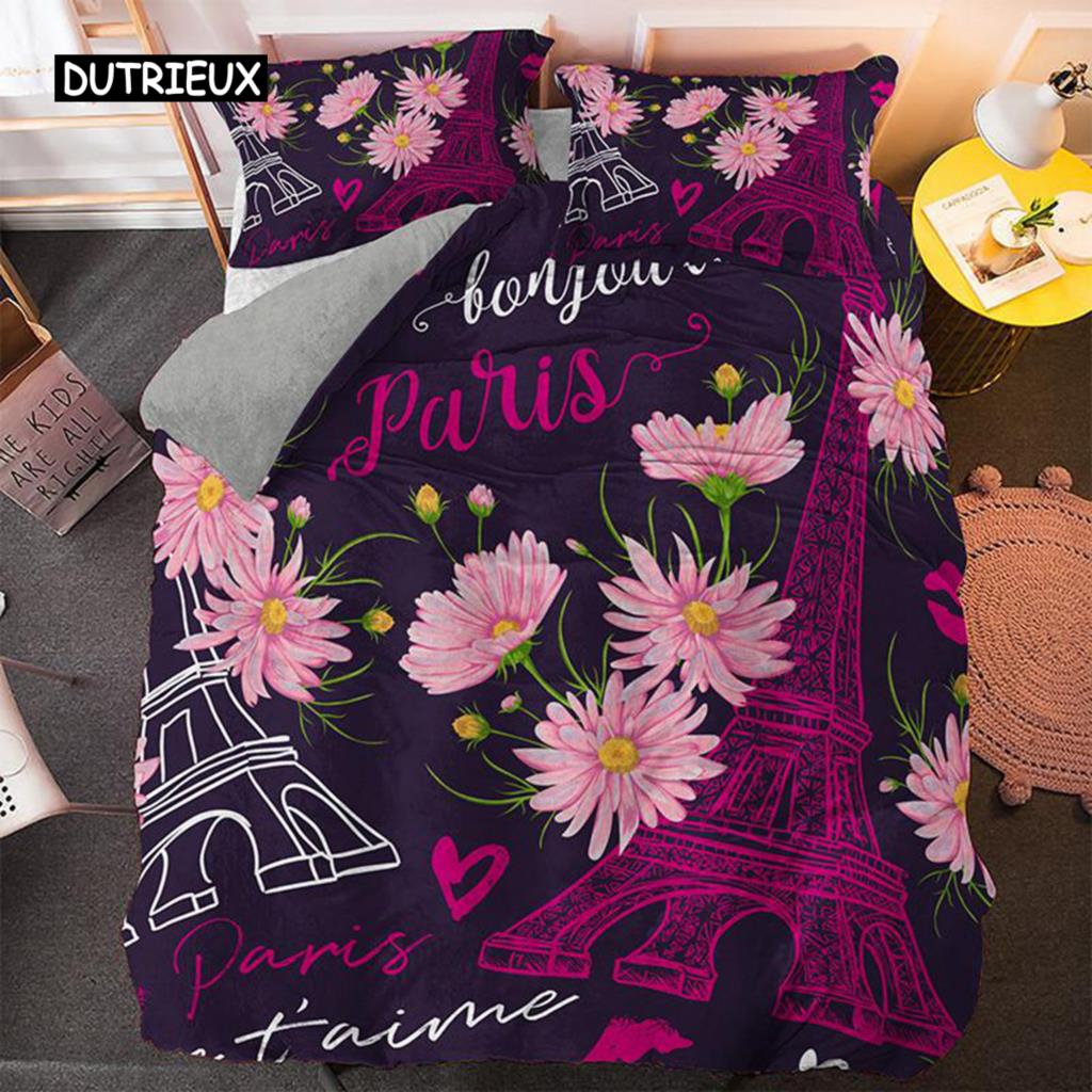 Eiffel Tower Duvet Cover Set Microfiber Paris Theme World Famous Architecture I Love Paris Pattern Bedding Set for Girls Woman