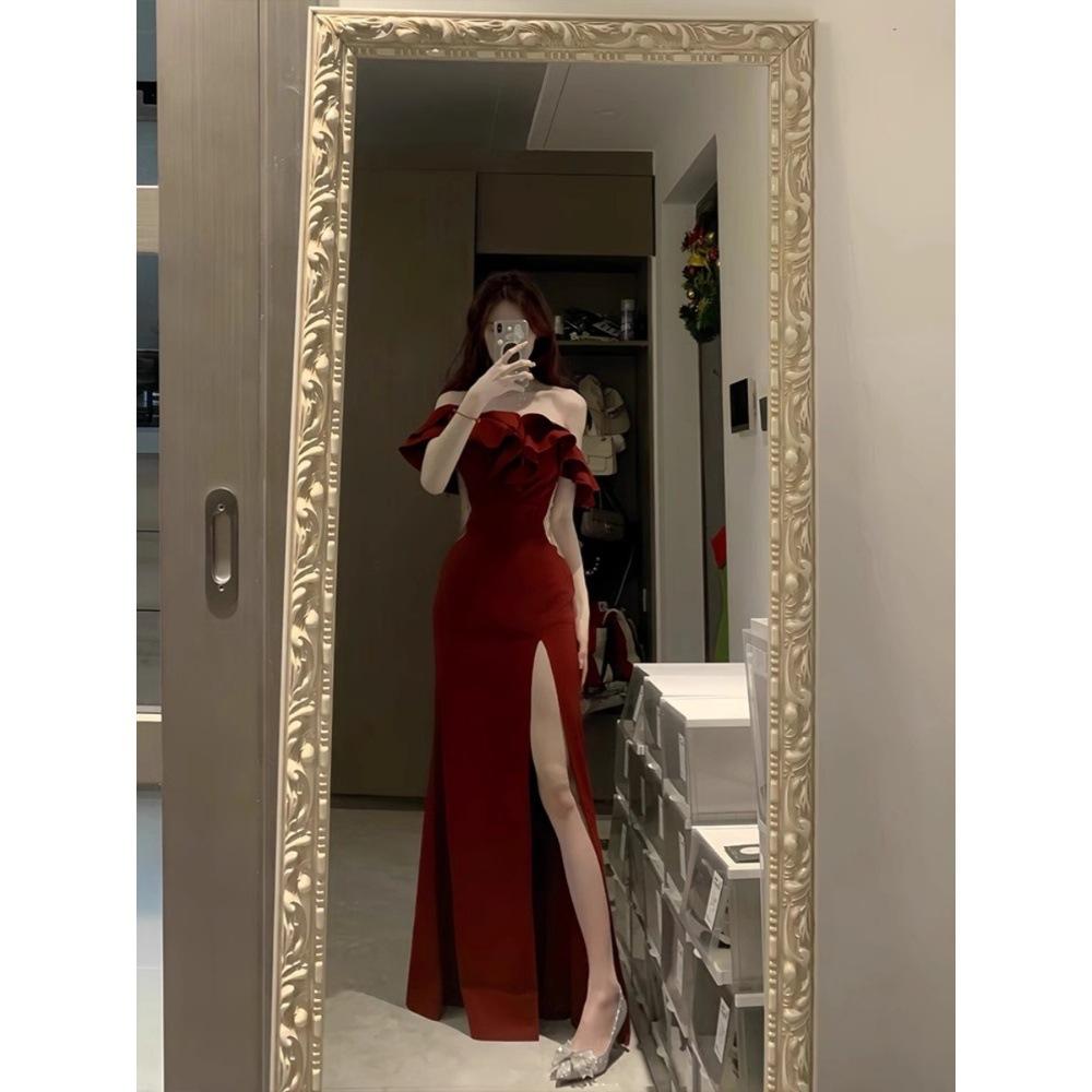 Festival robe, evening dress, high-end celebrity temperament, banquet toast dress, one-word shoulder dress, women