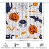 Halloween-Themed Shower Curtain Featuring Pumpkins, Candy Corn, Bats, Spiders, And More! Perfect For Adding Spooky Charm To Your