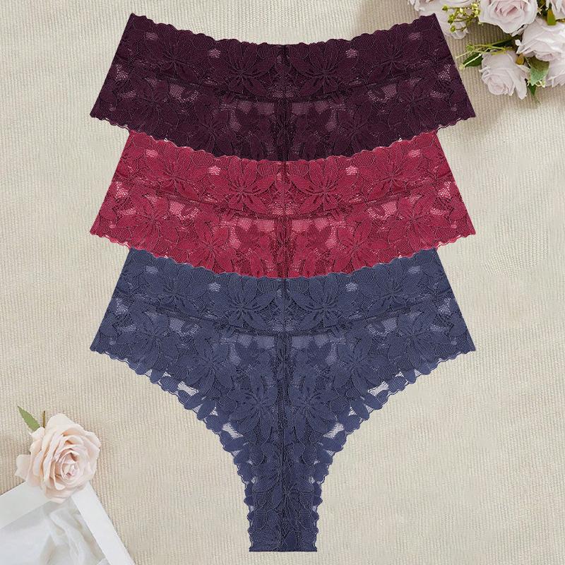 3Pcs/Set Women's High Waist Panties Ladies Sexy Lace Hollow Out Thong Breathable Transparent G-strings Solid Color Soft Lingerie