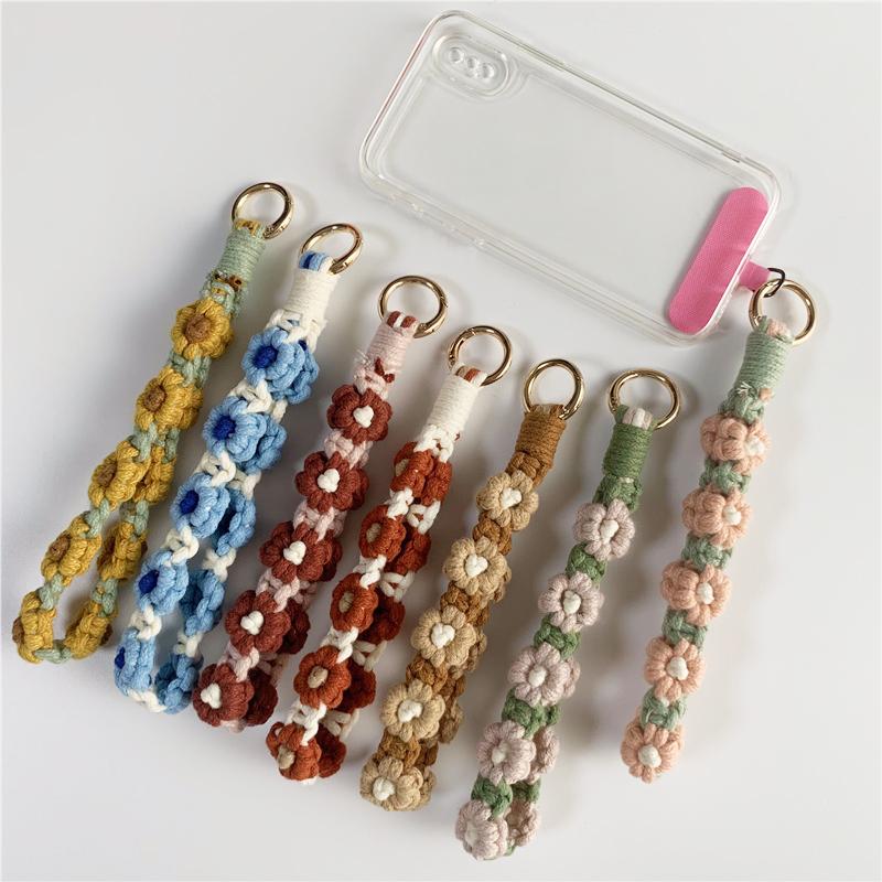 Hand Weave Flowers Wrist Lanyard For Mobile Phone Wristlet Keychain Hanging Strap Keyring Floral Daisy Floral Phone Rope