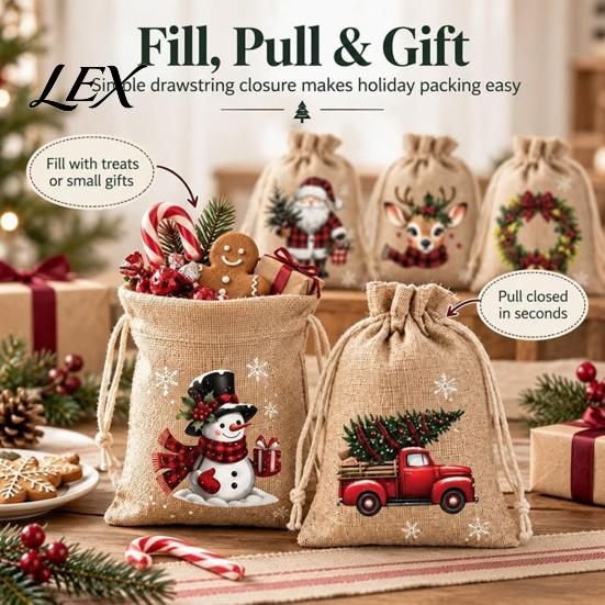 Small Fabric Gift Packaging Christmas Jute Burlap Bags, Drawstring Treat Candy Pouches Bag, Reusable Linen Pouch for Holiday Party Favors Decor