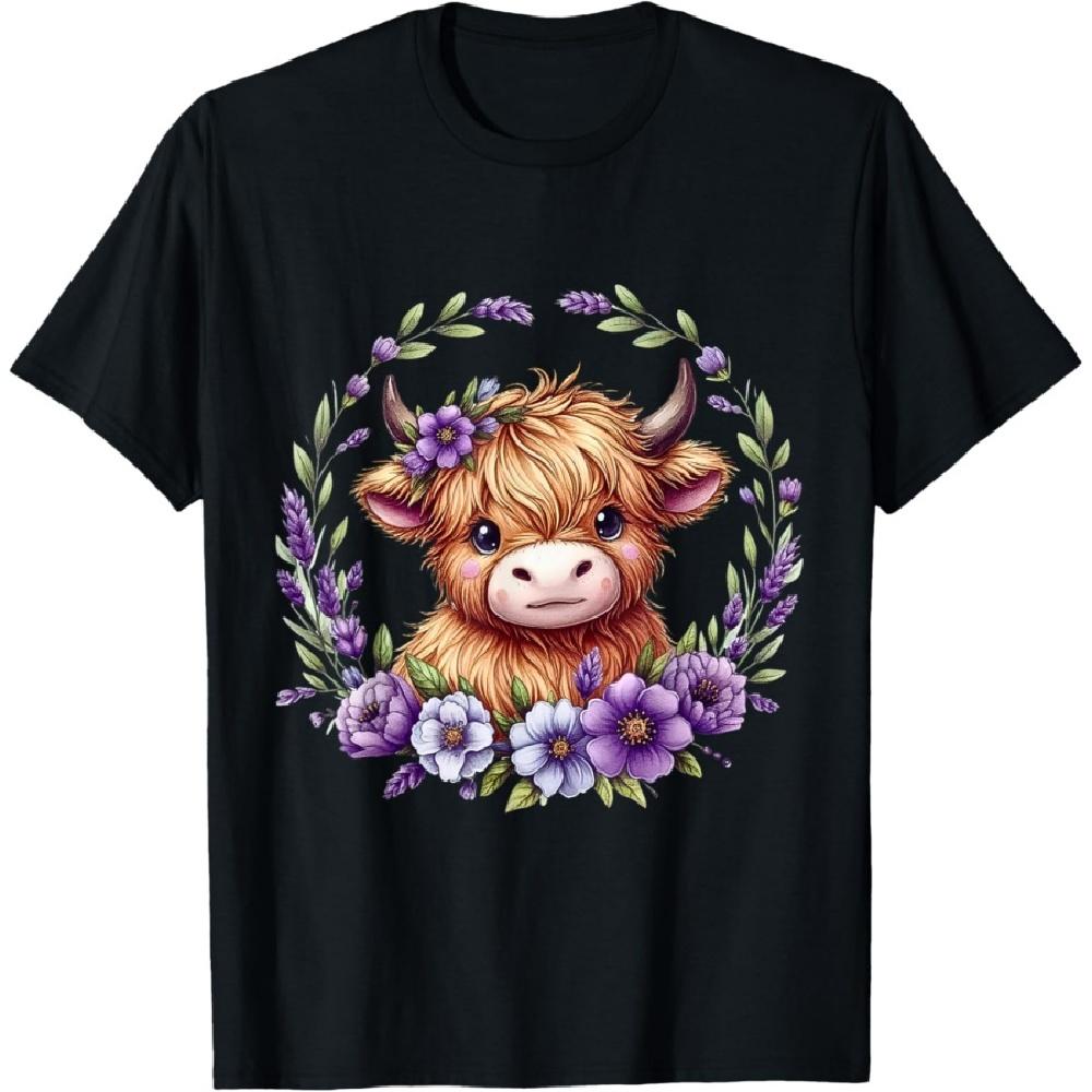 

Baby Highland Cow With Purple Flowers Scottish Farm T-Shirt S