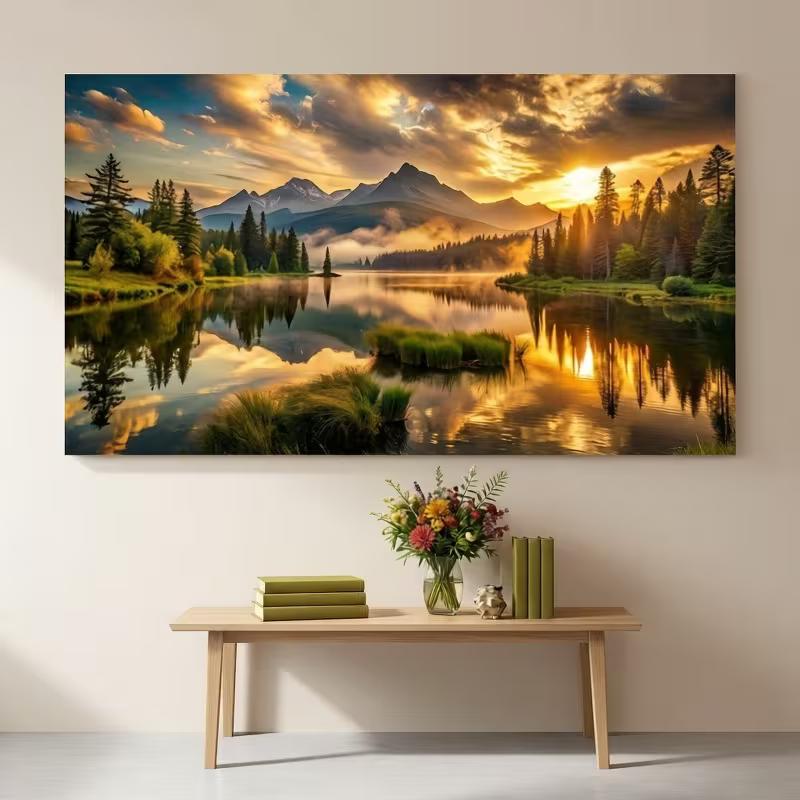 2D Reflective Forest Lake Tapestry Mountain Sunset Photography Background