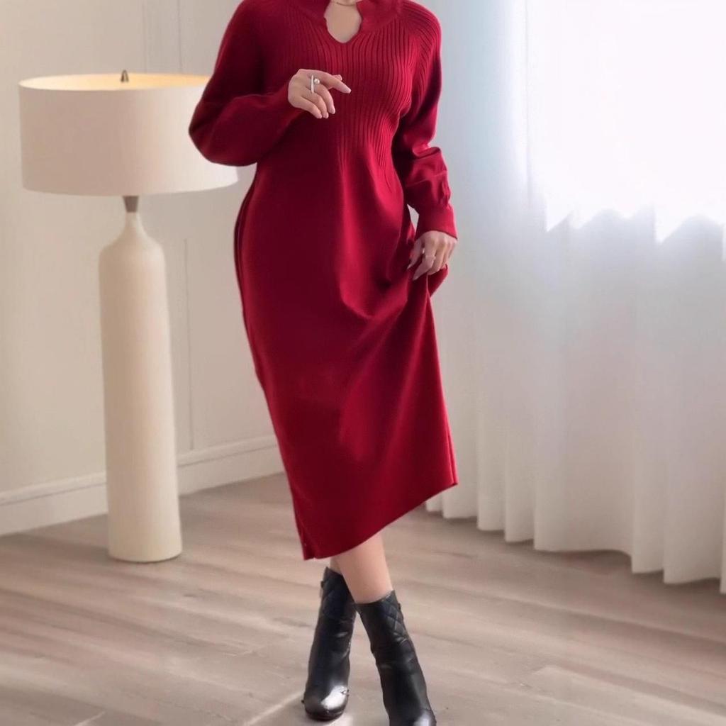2025 Autumn Women's Round Neck Hollow Knit Sweater Dress - Loose Long Sleeve European & American Style