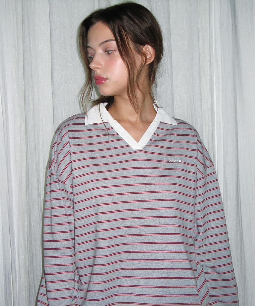 AMES-WORLDWIDE V Neck Collar Stripe Sweatshirt Gray