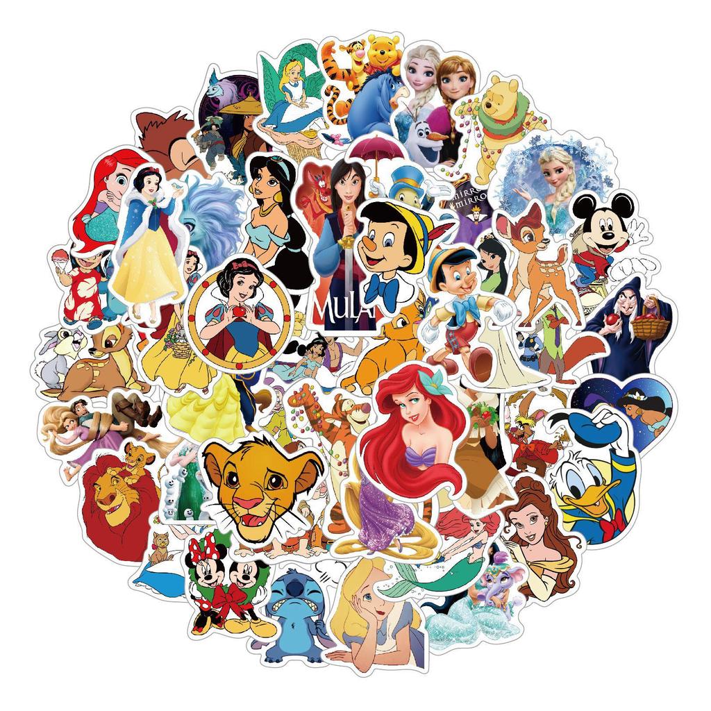 50-Piece Cartoon Sticker Set: Mermaid, Snow White, and More for Luggage, Notebooks, Bottles, and Scooters.