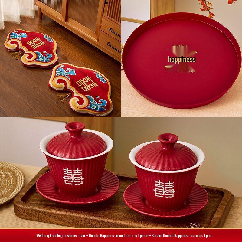 Red Wedding Kneeling Cushions for Tea Ceremony and Bride's Address Change - Complete Cotton Set.