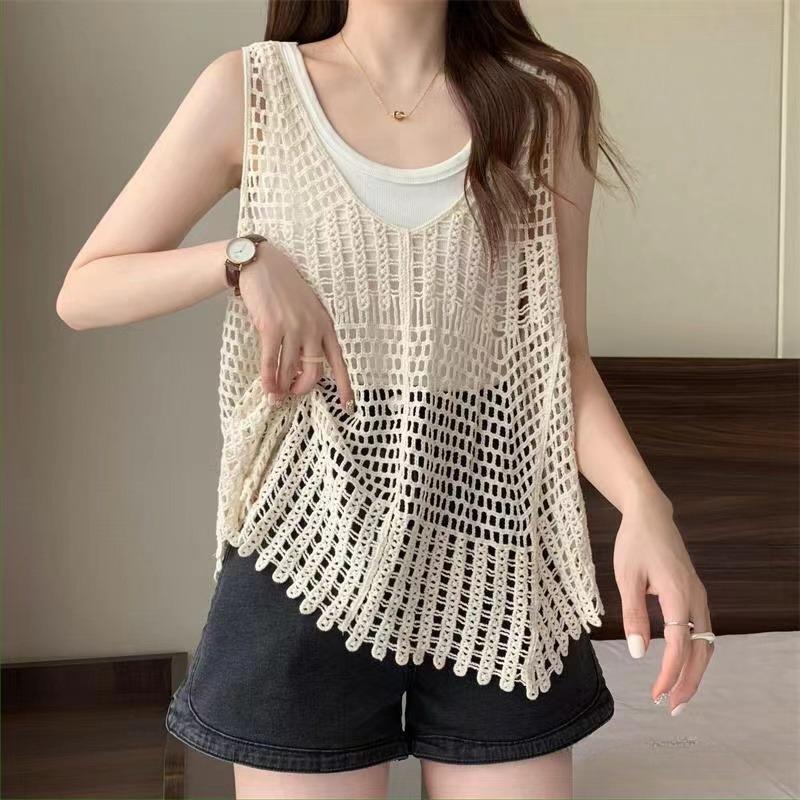 

Бохо-топ крючком для женщин, укороченный топ без рукавов, накидка, трикотаж, летний наряд в стиле бохо для отпуска One Size бежевый