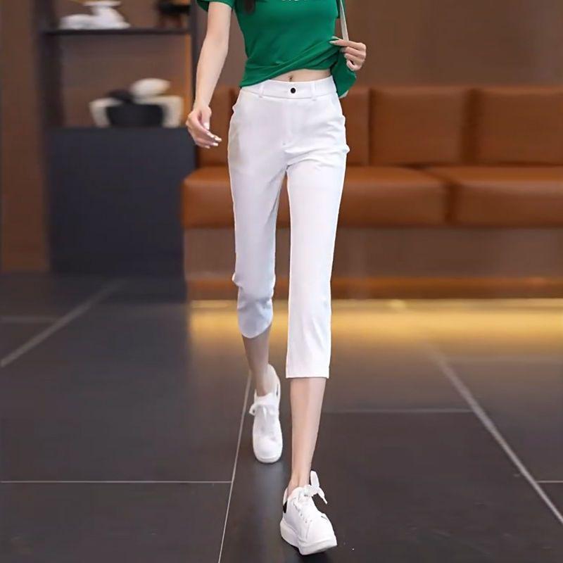 

High-Waist Petite Cigarette Pants - Summer Lightweight, Elastic Suit Style S /26 for 80-95 jin