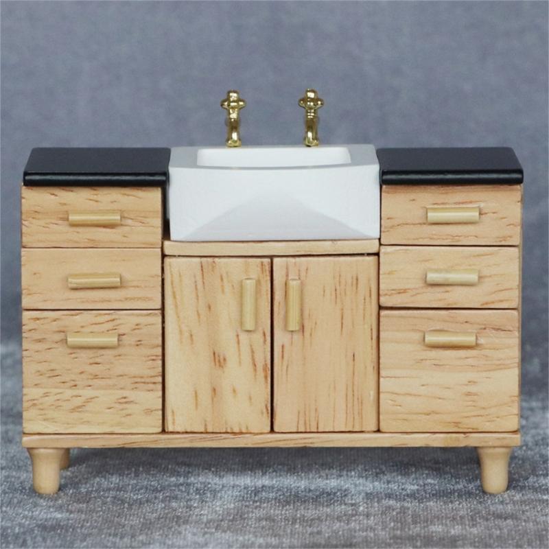 1/12 Scale Dollhouses Bathroom Sink Cabinet Miniature Wood Vanity Furniture for Creative Role Playing and Scene Display