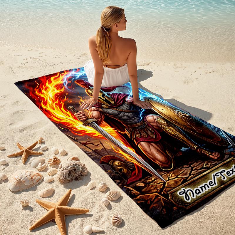 1PC Custom Name "Warrior's Flame Shield" Beach Towel Highly Absorbent And Sand-Resistant Towel for Swimming, Pool, Yoga, And Travel Lightweight