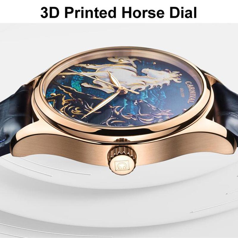 CARNIVAL 3D Horse Dial Waterproof Automatic Watches Sport Miyota Mechanical Watch Men Sapphire Crystal Reloj Hombre