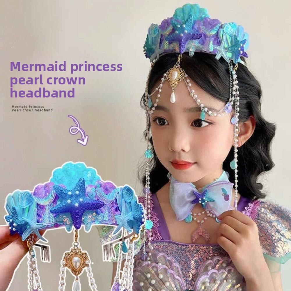 Tassel Mermaid Princess Headband Pearl Jewelry Tassel Crown Forehead Necklace Hair Hoop Children