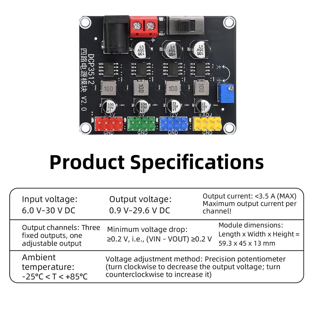 DCP3512 Adjustable Buck Power Module DC 6V-30V Input 0.9V-29.6V Output 4-Channel 3.5A for Embedded Development Device Supply