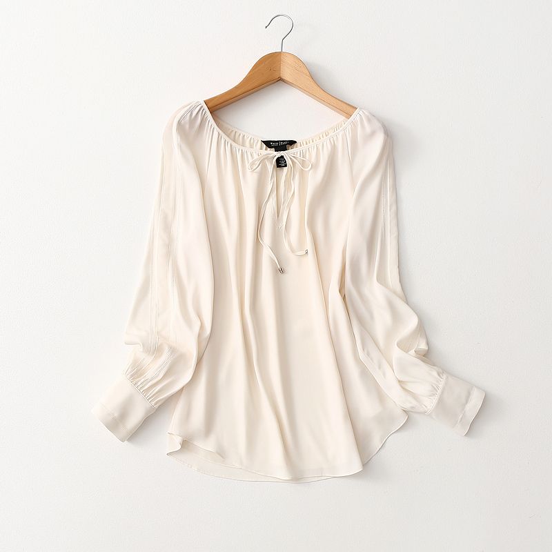 Recommend ~ Foreign Trade Original Order Elegant Pure Color Tied Satin Chiffon Shirt Women's Long Sleeve Cut Out Design Blouse Spring