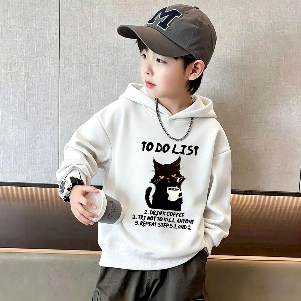 Y2K Kids Hoodie Sweatshirt Autumn Winter Black Cat Coffee Graphic Print Casual Loose Long Sleeve Tops