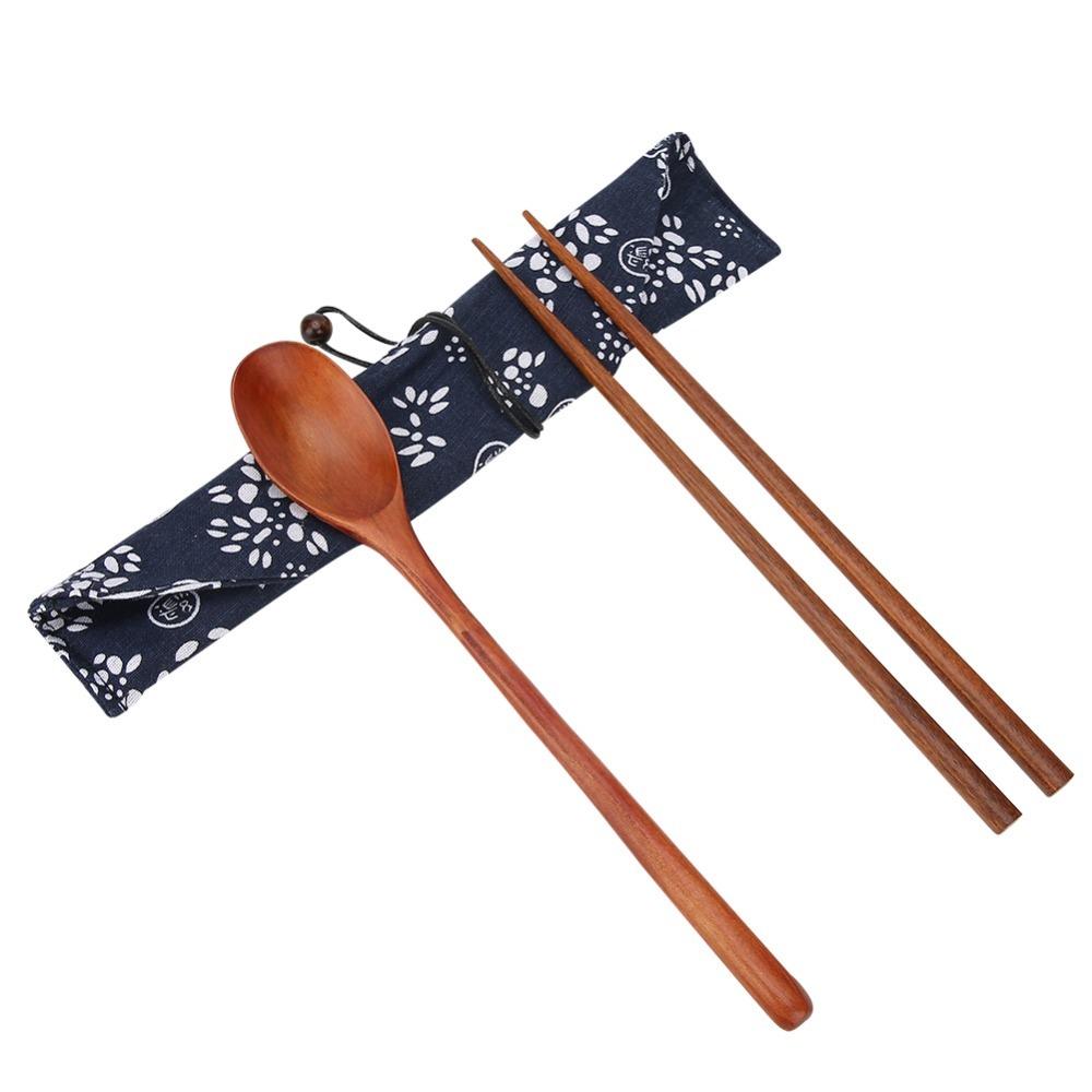 1Set with Bag Chopstick and Spoon Set Solid Wood Dining Utensil Set Home Dining