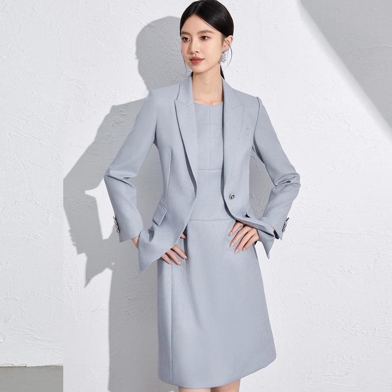 Women's High-End Gray-Blue Slim Fit Professional Suit Set - Includes Dress and Skirt