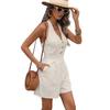 Womens Summer Romper V Neck Button Up Linen Rompers Striped Sleeveless Short Jumpsuits Beach Vacation Outfits