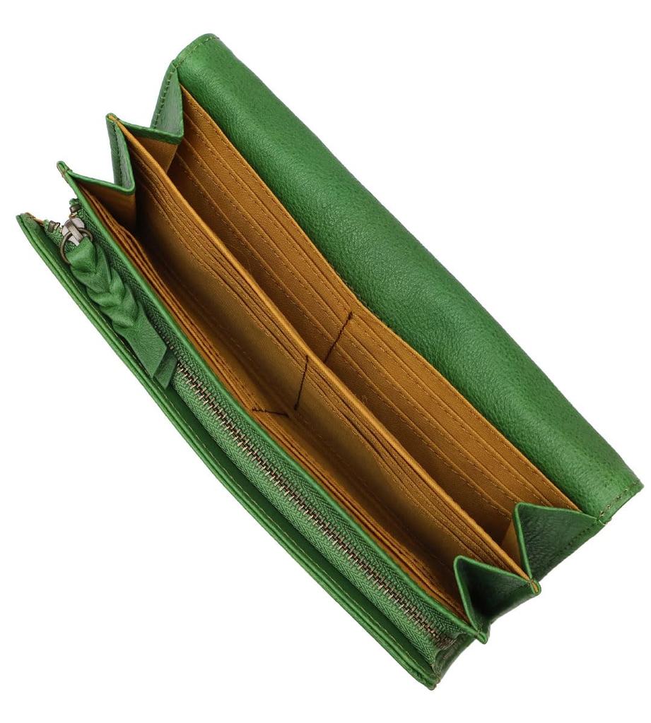 Long Flap Wallet with Flower and Bird Embossed Cowhide 0332461 [Box 21] Design, Leftia, Leather, (Green (50))