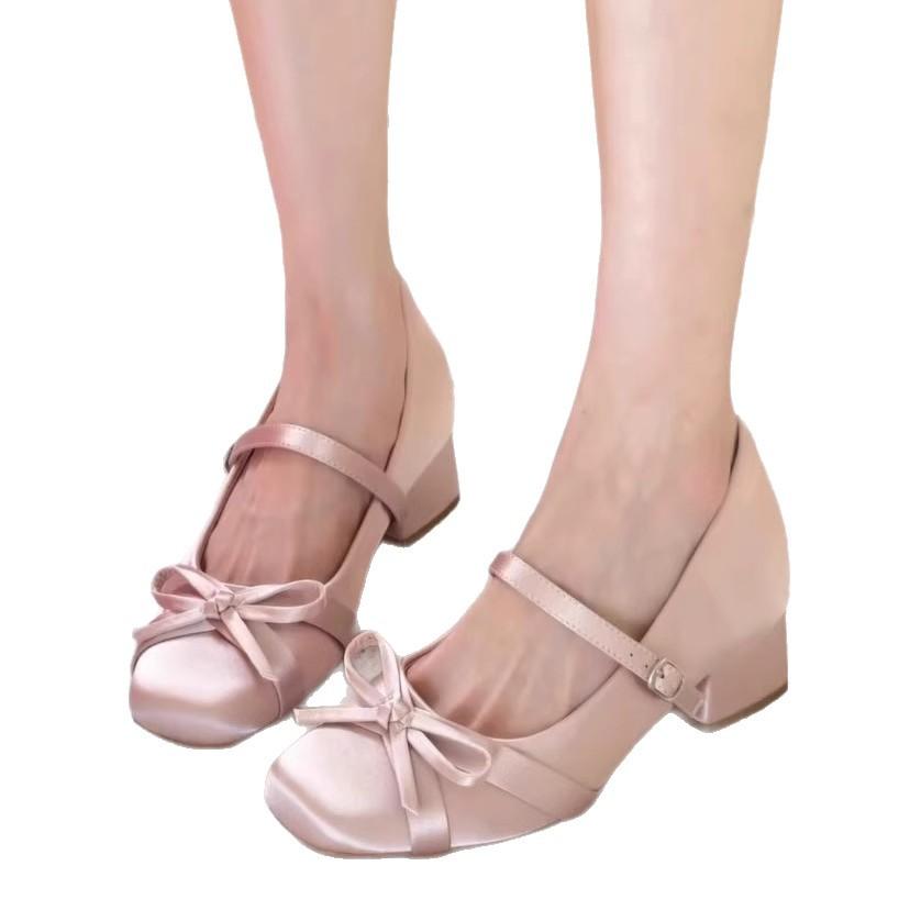 Height Increase of 7cm~ Satin Bow Mary Jane Women's Shoes High Heel 2025 New French Thick Heel Single Shoes Ballet Shoes