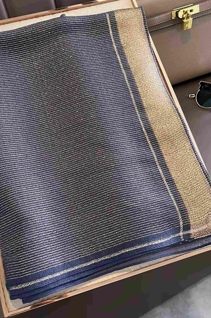 Navy Blue Shawl with Shine - Silk and Polyester, 180X90