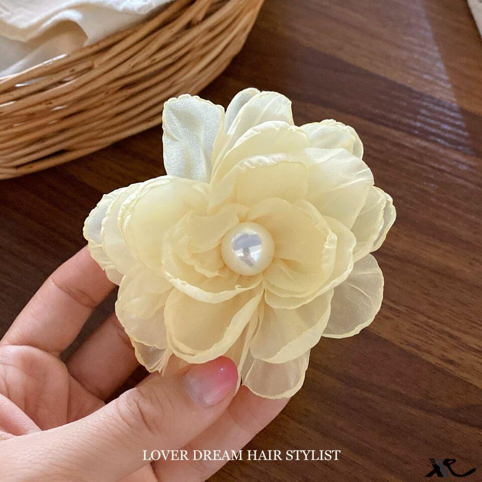 

Cross Border Hot Selling Atmosphere Organza Flower Pearl Hair Clip High-end Feeling Side Travel New Product