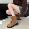 Fashion Lace-up Suede Booties Autumn and Winter New Round Toe Soft Sole Non-slip Wear-resistant Block Heel Women's Shoes