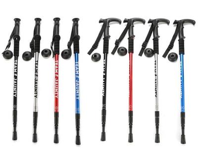 Trojdielna teleskopická hliníková turistická palica so zakrivenou rukoväťou pre outdoorovú turistiku.